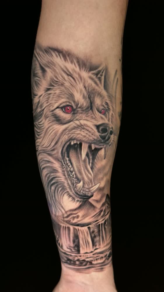 Tatuaje de lobo en el brazo, realismo, Volt Gallery Tattoo